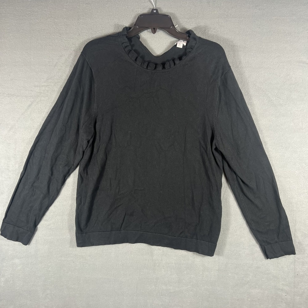 J. Crew Women's XL Black 100% Cotton Ruffle Neck Long‎ Sleeve Knit Sweater Top